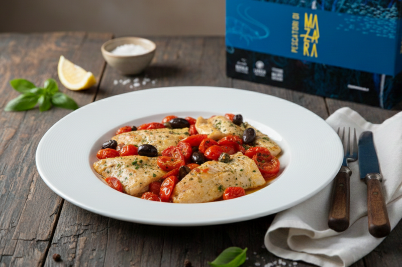 Merluzzo al forno con pomodorini, olive e capperi 4 Merluzzo al forno con pomodorini, olive e capperi