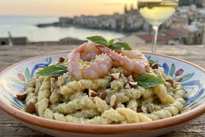 Busiate Trapanesi al pesto di mandorle e crudo di Gambero Rosa 5 Busiate Trapanesi al pesto di mandorle e crudo di Gambero Rosa